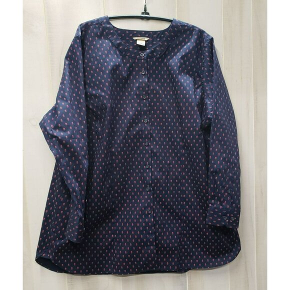 Duluth Trading Wrinklefighter L/S Tunic, 1X, Pockets, Navy & Red Pineapple Print - Picture 1 of 8